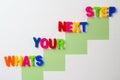 Text made in multicolored magnetic letters. WHATS YOUR NEXT STEP. White wooden Royalty Free Stock Photo