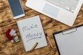 Text `Make money` with dollars, laptop and calculator Royalty Free Stock Photo