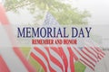 Text Memorial Day and honor on row of lawn American Flags Royalty Free Stock Photo