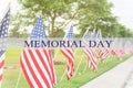 Text Memorial Day on row of lawn American Flags Royalty Free Stock Photo