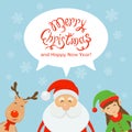 Text Merry Christmas in speech bubble and Santa with elf and rei