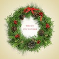 Text merry christmas and natural christmas wreath, with a retro