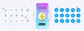 Text message, Chemistry atom and Journey line icons. For web app, printing. Phone mockup with 3d energy icon. Vector