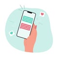 Text messages on a smartphone. A person sending a declaration of love.Vector illustration.