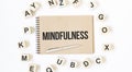 Text Mindfulness on the craft colored notepad with block wood cubes on the white background