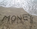 Text MONEY written on the sand and the wave that is erasing the