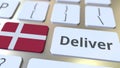 Deliver text and flag of Denmark on the computer keyboard. Logistics related 3D rendering