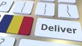 Deliver text and flag of Romania on the computer keyboard. Logistics related 3D rendering