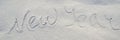 Text New Year on snow surface. Winter background, inscription, natural snow texture, hand lettering BANNER, LONG FORMAT