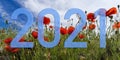 2021. Text with the numbers on an image of a poppy landscape with blue sky. Royalty Free Stock Photo