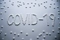 Text phrase Covid-19 sign concept made from white tablets