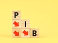 Text PIB Public Information Book on wooden cubes with arrows symbols.