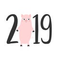 2019 text. Pig. Pink piggy piglet. Happy New Year Chinise symbol. Cute cartoon funny kawaii baby character. Flat design. White bac Royalty Free Stock Photo