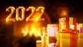 text 2022 with pile of present boxes and glowing hearth - abstract 3D illustration