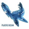 Text - plastic ocean. Plastic trash planet pollution concept vector illustration. Fur seal, sea lion, sea leopard marine mammal