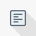 Text position edit, alignment left thin line flat color icon. Linear vector symbol. Colorful long shadow design.