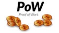 Text PoW Proof of Work with isometric stacks of bitcoin BTC coins with shadows isolated on white background. Design element