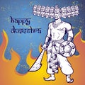 Text and Ravana in fire. Postcard for holiday in India. Happy Dussehra