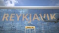 Commercial airplane reflecting in airport terminal with REYKJAVIK text. 3d rendering