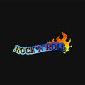 Text Rock n Roll and tongue of burning flame. Music theme. Vector design for t-shirt print, sticker or promo poster