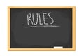 Text Rules on blackboard with piece of chalk in cartoon style in wooden frame isolated on white background. Back to