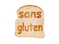 Text sans gluten (meaning gluten free in French) toasted on a slice of bread, isolated on white