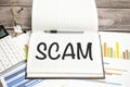 Text scam on paper on the keyboard with office tools Royalty Free Stock Photo