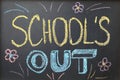 Text School`s Out and drawings on black chalkboard. Summer holidays