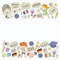 Dialog clouds with HELLO! Vector pattern for language class, online courses. English, arabic, italian, japanese, spanish