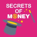 Text secrets money on background magician hat and wand Royalty Free Stock Photo