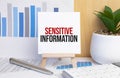text Sensitive Information on easel with office tools and paper.Top view Royalty Free Stock Photo