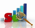 Text 'SEO', with globe instead of letter o with Magnifying glass on a background a diagram Royalty Free Stock Photo