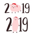 2019 text set. Pig. Pink piggy piglet. Happy New Year Chinise symbol. Cute cartoon funny kawaii baby character. Flat design. White Royalty Free Stock Photo
