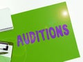 Text showing inspiration Auditions. Word for a trial performance to appraise an entertainer's merits