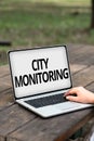 Text sign showing City Monitoring. Business concept indicatorlevel analysis pilot project on urban food systems Online Royalty Free Stock Photo