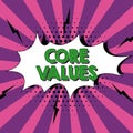 Conceptual caption Core Values. Word for principles which guide and determine what is wrong and right