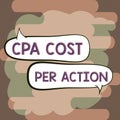 Text showing inspiration Cpa Cost Per ActionCommission paid when user Clicks on an Affiliate Link. Word for Commission