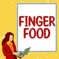 Hand writing sign Finger Food. Concept meaning products and digestives that is to be held with the fingers for eating