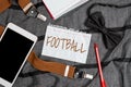 Text showing inspiration Football. Business showcase any of various forms of team game involving kicking a ball Royalty Free Stock Photo