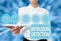 Writing displaying text Intrusion Detection. Business concept monitors a network or systems for malicious activity Lady Royalty Free Stock Photo