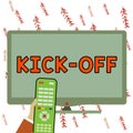 Text sign showing Kick Off. Business approach start or resumption of football match in which player kicks ball