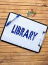 Hand writing sign Library. Word Written on Building room containing books collections Place for study Plain Office Royalty Free Stock Photo