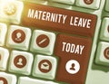 Text showing inspiration Maternity Leave. Concept meaning the leave of absence for an expectant or new mother