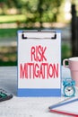 Inspiration showing sign Risk Mitigation. Business concept strategy to prepare for and lessen the effects of threats Royalty Free Stock Photo