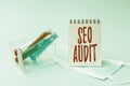 Text caption presenting Seo Audit. Business idea Search Engine Optimization validating and verifying process Writing