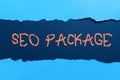 Text showing inspiration Seo Package. Word for practice of search engine optimization increase amount visitors Important Royalty Free Stock Photo