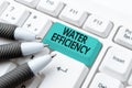 Text showing inspiration Water Efficiency. Concept meaning reduce water wastage by measuring amount of water required Royalty Free Stock Photo