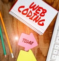 Text showing inspiration Web Coding. Internet Concept work involved in developing a web site for the Internet Display of Royalty Free Stock Photo