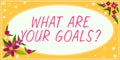 Text showing inspiration What Are Your Goals Question. Concept meaning ask the Desired End Results to know the plans