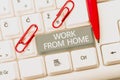 Text showing inspiration Work From Home. Word Written on Freelance job working on your house convenient technology Man